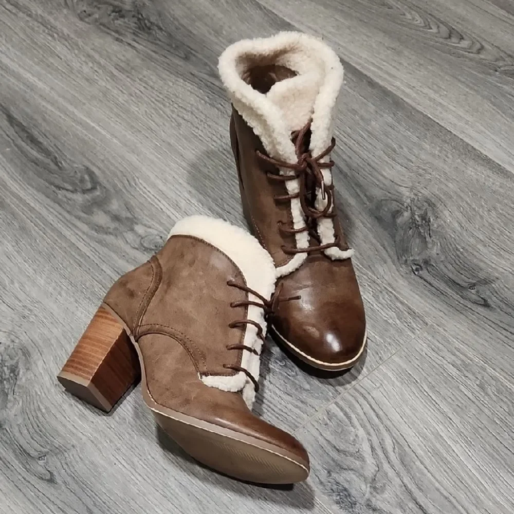 Restricted Brown Leather Sherpa Heeled Booties